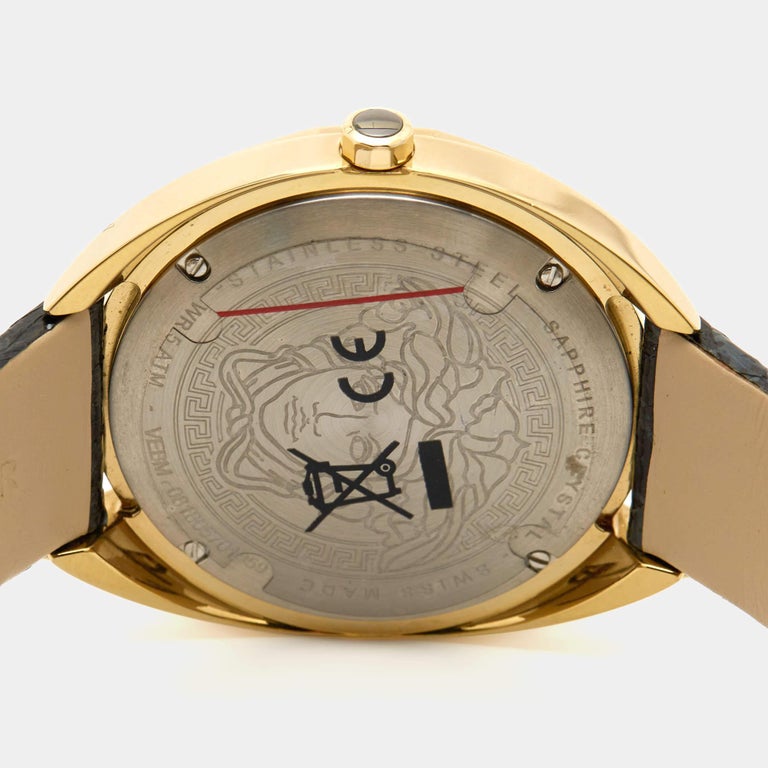 Versace Shadov Quartz Gold Dial Black Leather Strap Watch for Women - VEBM00318 Buy Now By Versace