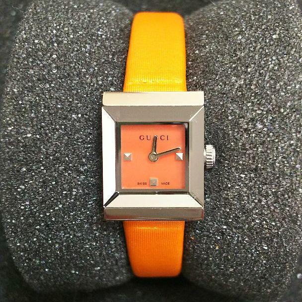 Gucci G-Frame Square Mother of Pearl Orange Dial Orange Leather Strap Watch For Women - YA128532 Buy Now By Gucci