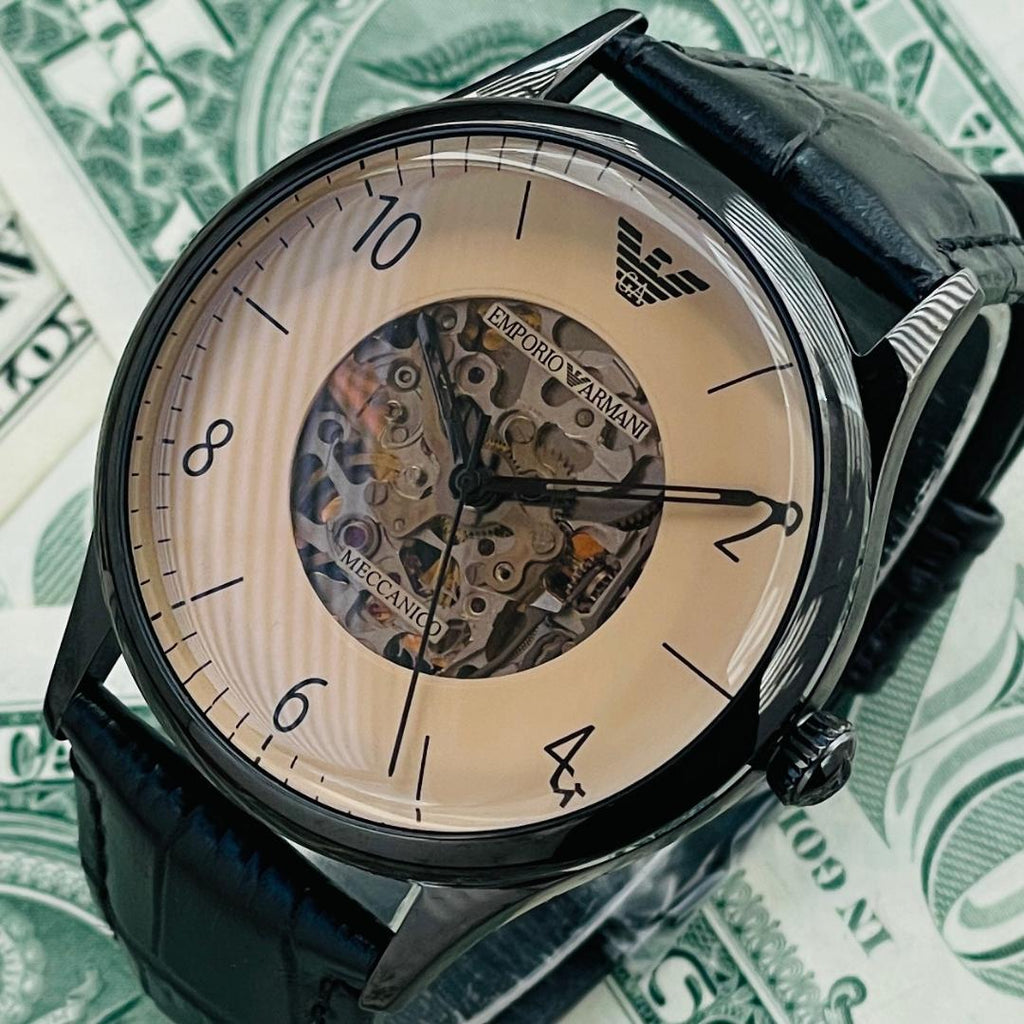 Emporio Armani Meccanico White Dial Black Leather Strap Watch For Men - AR1923 Buy Now By Emporio Armani