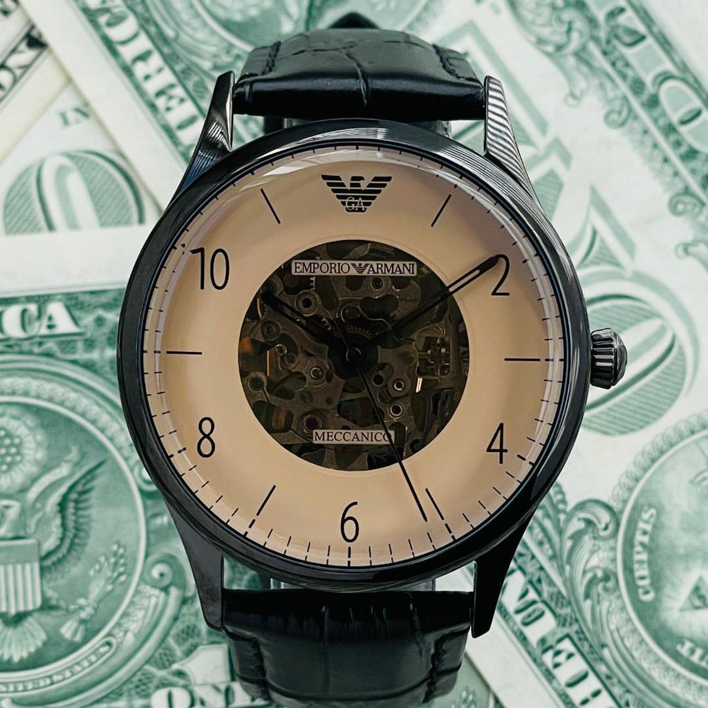 Emporio Armani Meccanico White Dial Black Leather Strap Watch For Men - AR1923 Buy Now By Emporio Armani