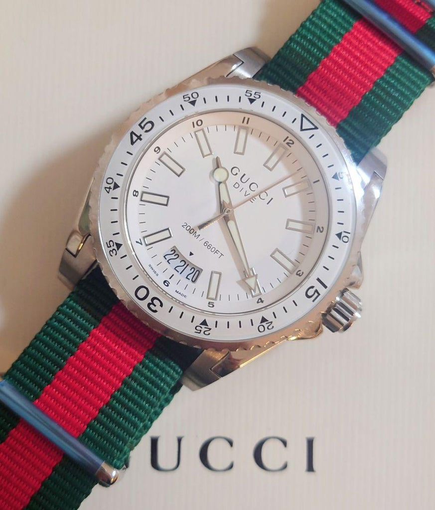 Gucci Dive White Dial Red & Green Nylon Strap Watch For Men - YA136207 Buy Now By Gucci
