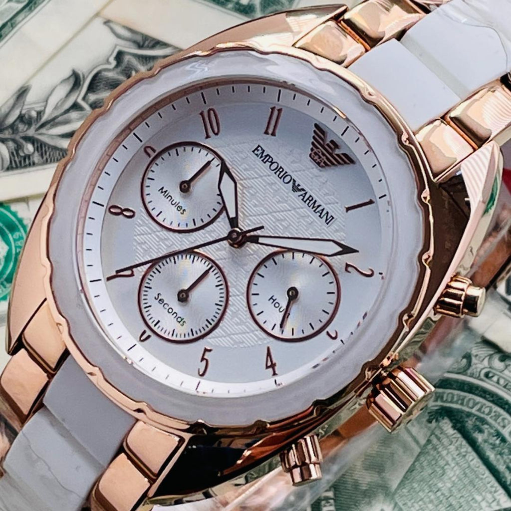 Emporio Armani Sportivo White Dial Rose Gold & White Steel Strap Watch For Women - AR5942 Buy Now By Emporio Armani