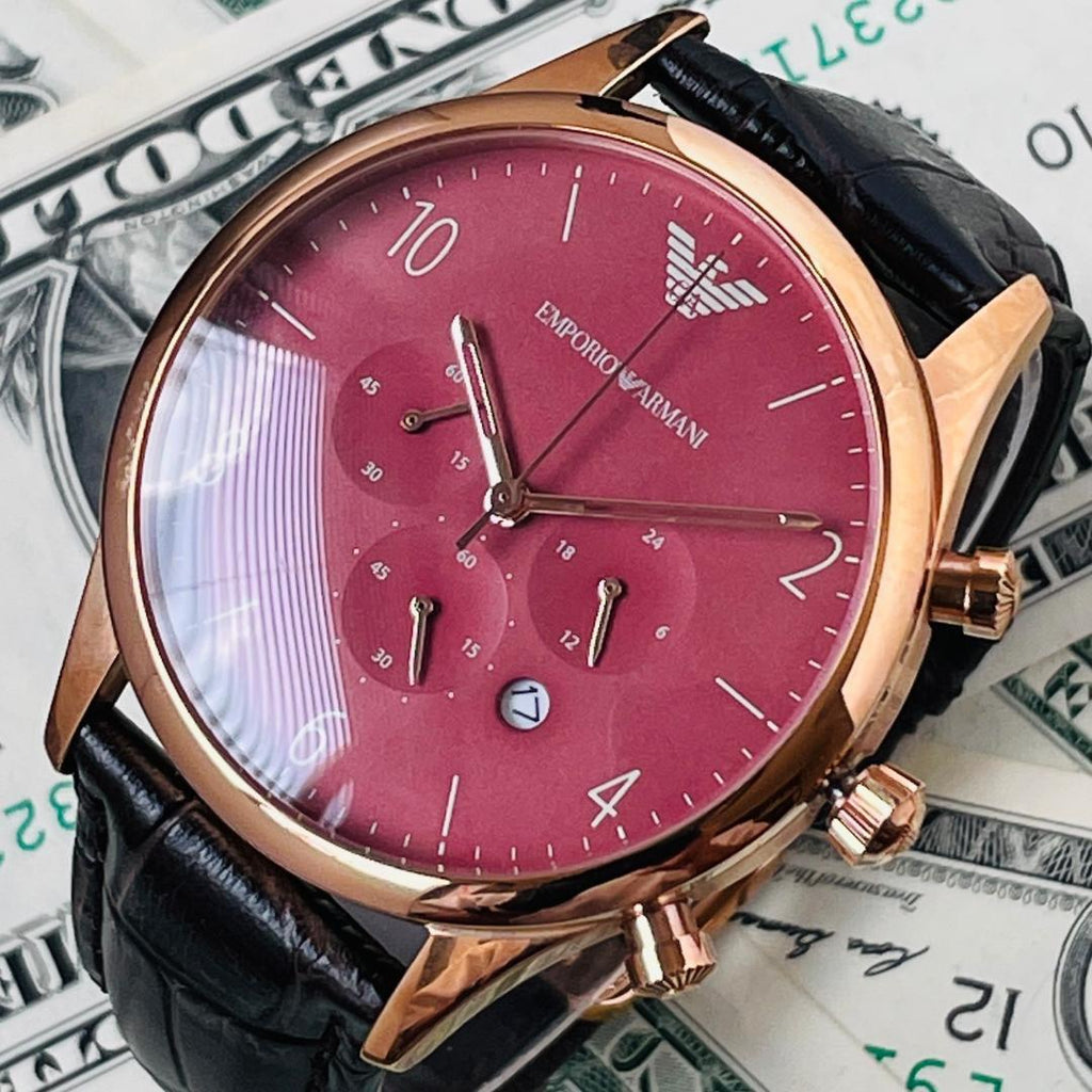 Emporio Armani Classic Chronograph Burgundy Dial Brown Leather Strap Watch For Men - AR1890 Buy Now By Emporio Armani