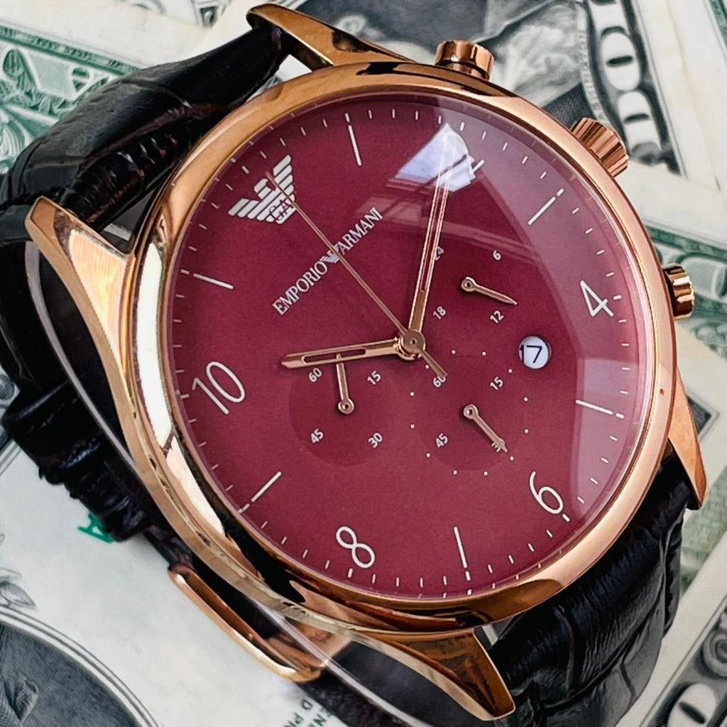 Emporio Armani Classic Chronograph Burgundy Dial Brown Leather Strap Watch For Men - AR1890 Buy Now By Emporio Armani