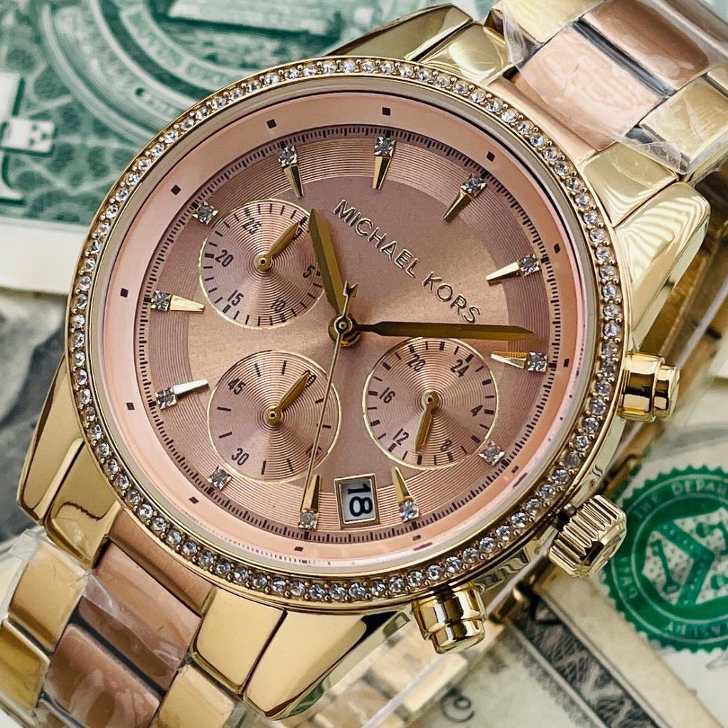 Michael Kors Ritz Chronograph Rose Dial Two Tone Steel Strap Watch for Women - MK6475 Buy Now By Michael Kors