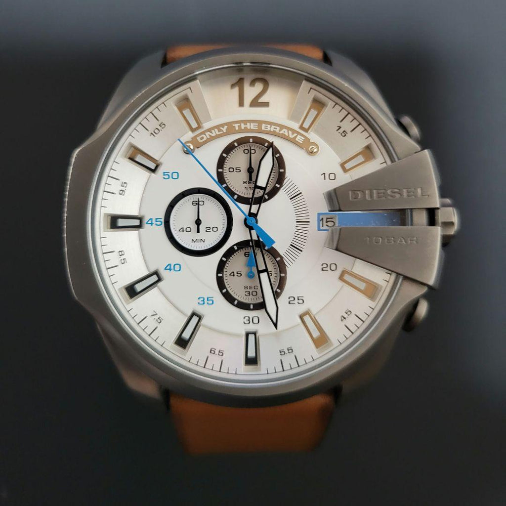 Diesel Mega Chief Chronograph White Dial Brown Leather Strap Watch For Men - DZ4280 Buy Now By Diesel