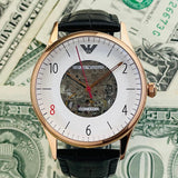 Emporio Armani Meccanico White Skeleton Dial Black Leather Strap Watch For Men - AR1924 Buy Now By Emporio Armani