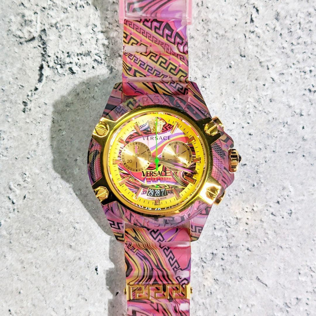 Versace Icon Active Chronograph Quartz Gold Dial Red Leather Strap Watch For Men - VEZ701222 Buy Now By Versace