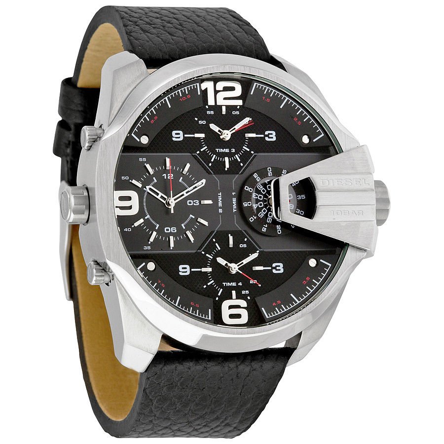 Diesel Uber Chief Oversized 4 Time Black Dial Leather Strap Watch For Men - DZ7376 Buy Now By Diesel