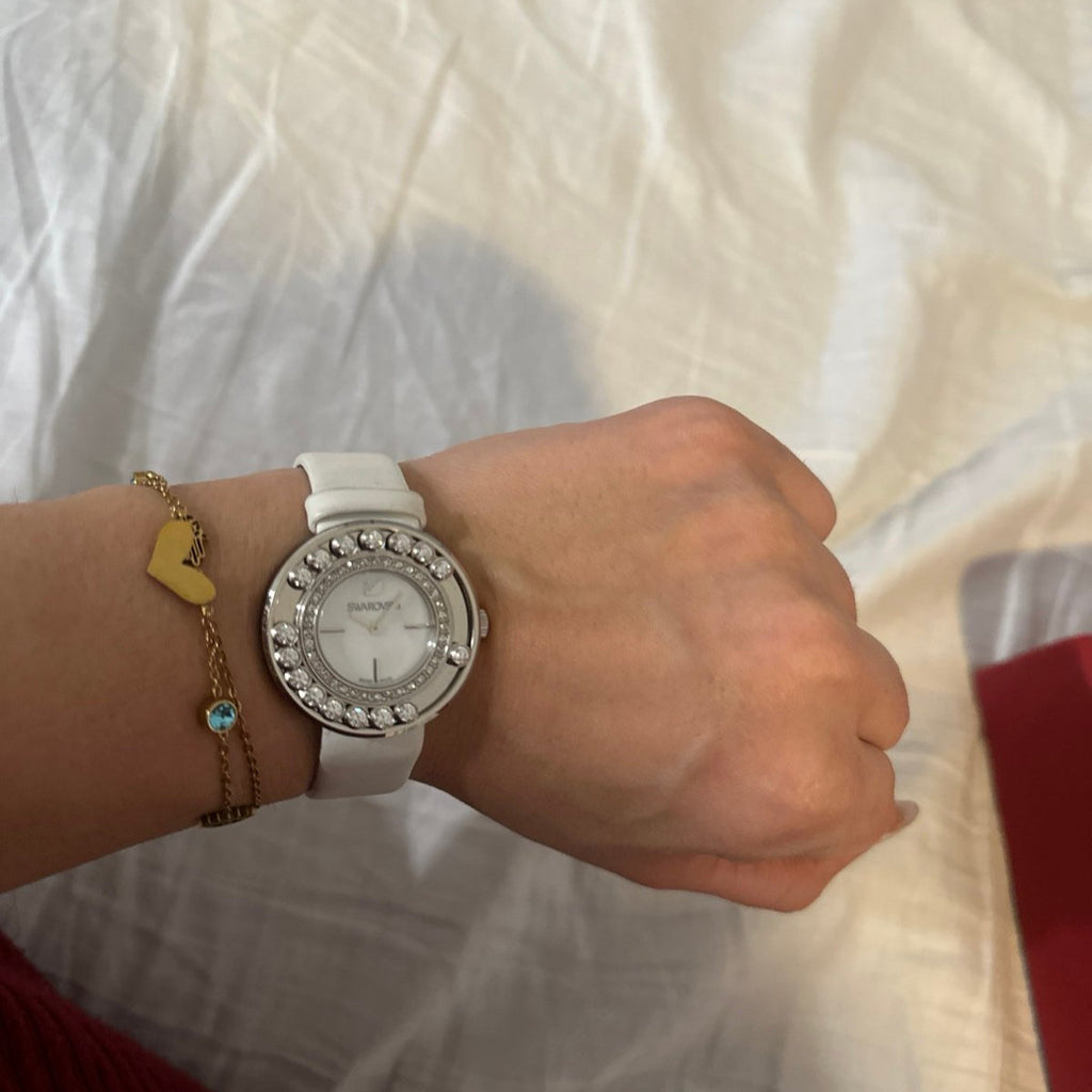 Swarovski Lovely Crystals Mother of Pearl Dial White Leather Strap Watch for Women - 5242904 Buy Now By Swarovski