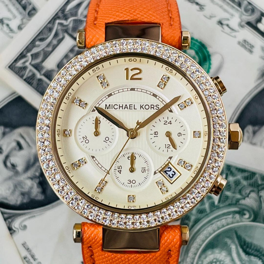 Michael Kors Parker Champagne Dial Orange Leather Strap Watch for Women - MK2279 Buy Now By Michael Kors