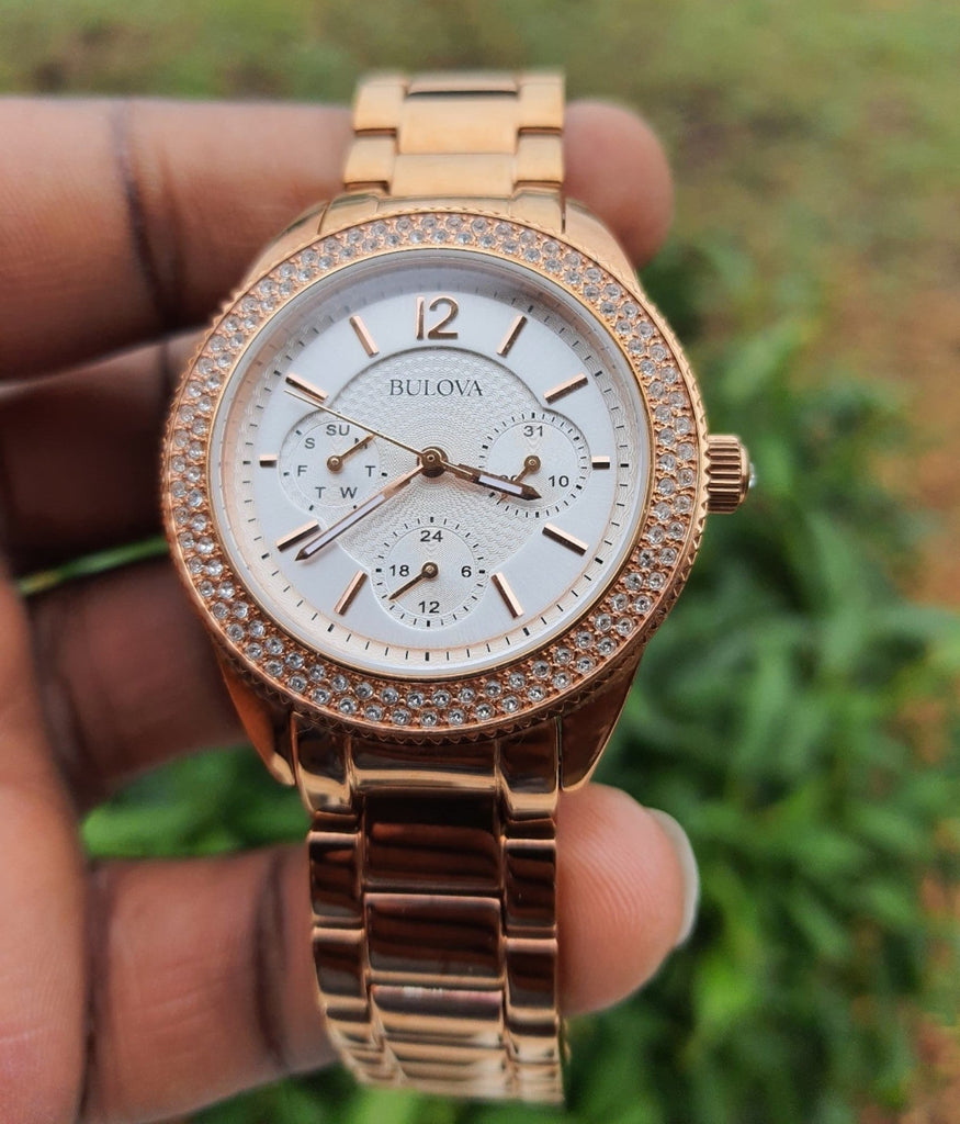 Bulova Crystal Silver Dial Rose Gold Steel Strap Watch for Women - 97N101 Buy Now By Bulova