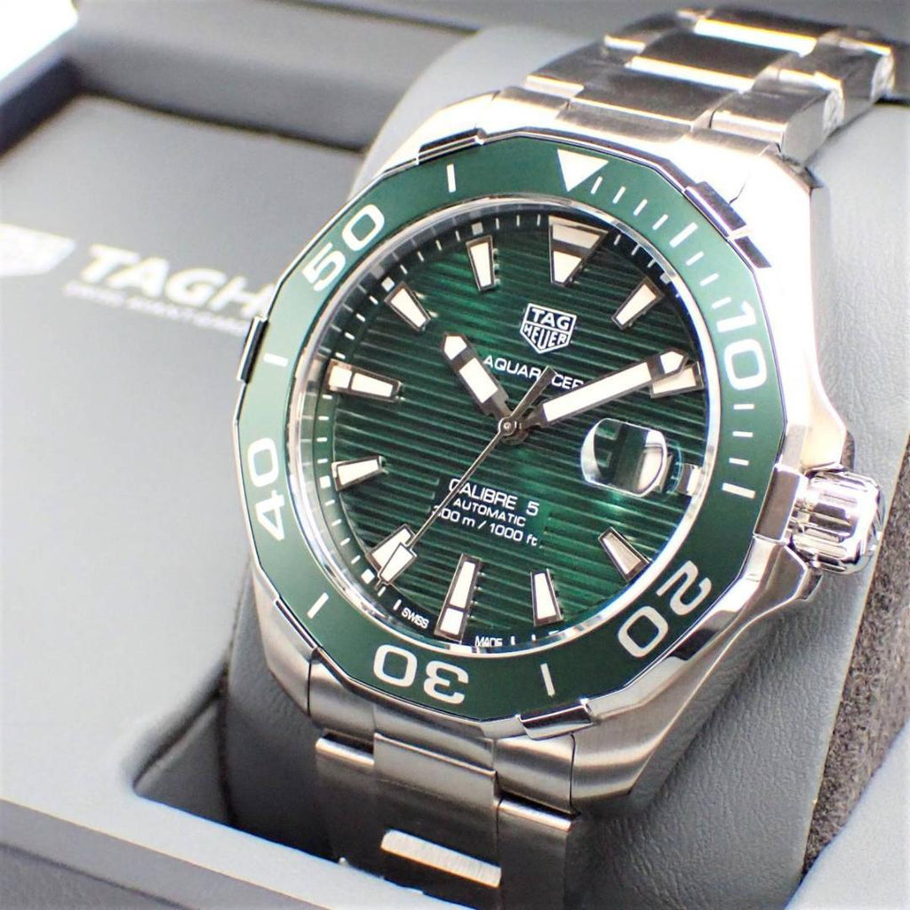 Tag Heuer Aquaracer Calibre 5 Green Dial Silver Steel Strap Watch for Men - WAY201S.BA0927 Buy Now By Tag Heuer