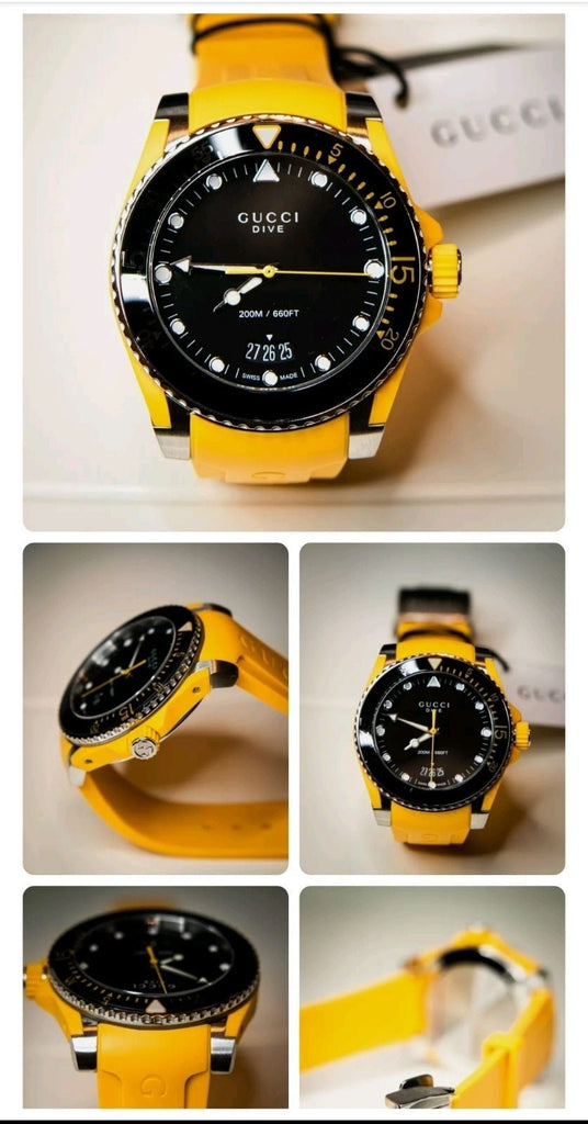 Gucci Dive Black Dial Yellow Rubber Strap Watch For Men - YA136319 Buy Now By Gucci