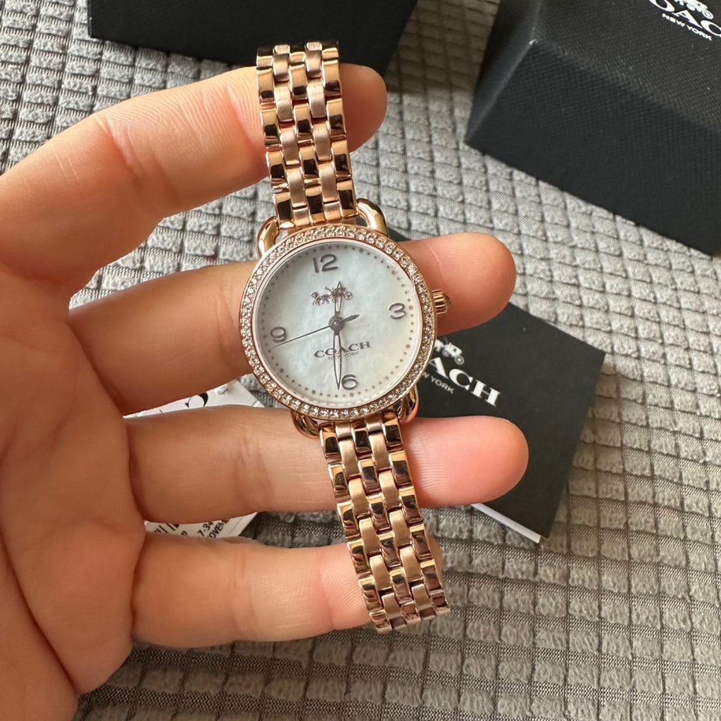 Coach Delancey Mother of Pearl White Dial Rose Gold Steel Strap Watch for Women - 14502479 Buy Now By Coach