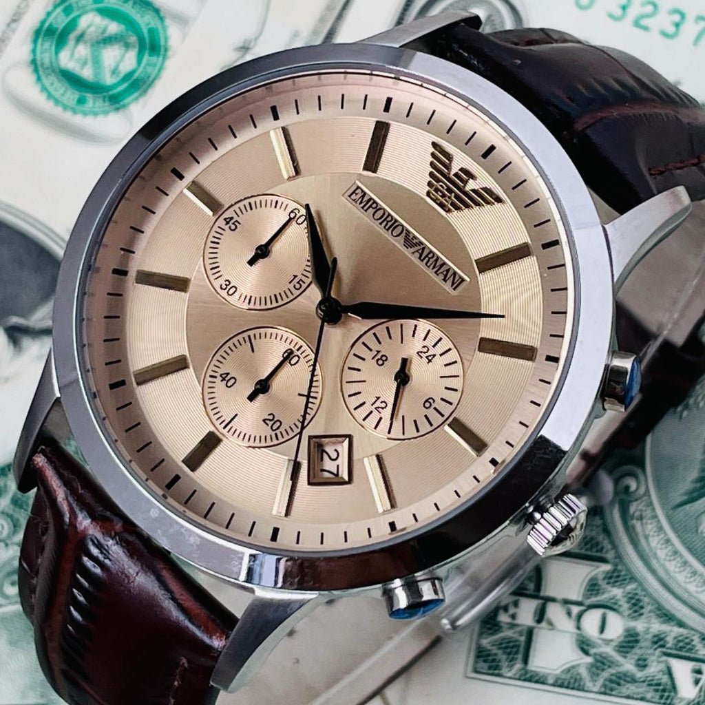 Emporio Armani Classic Chronograph Beige Dial Brown Leather Strap Watch For Men - AR2433 Buy Now By Emporio Armani