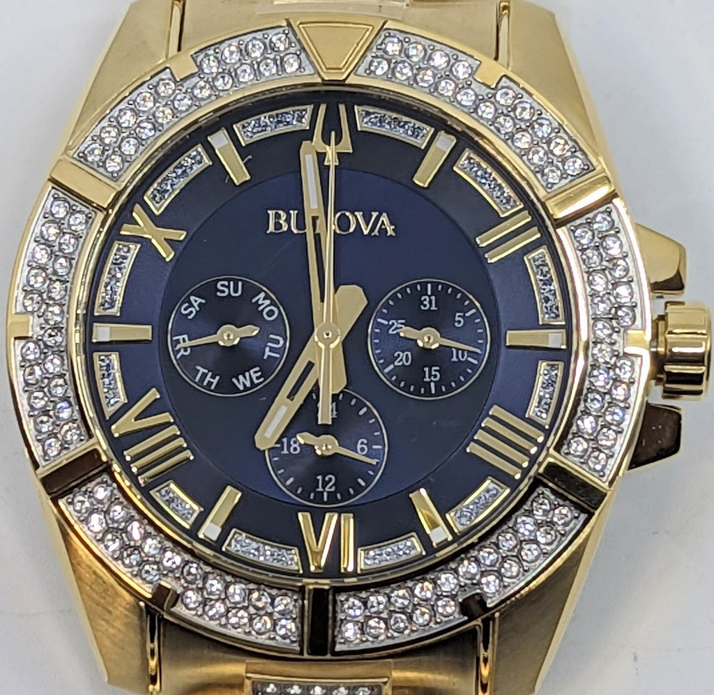 Bulova Crystal Collection Blue Dial Gold Steel Strap Watch for Men - 98C128 Buy Now By Bulova