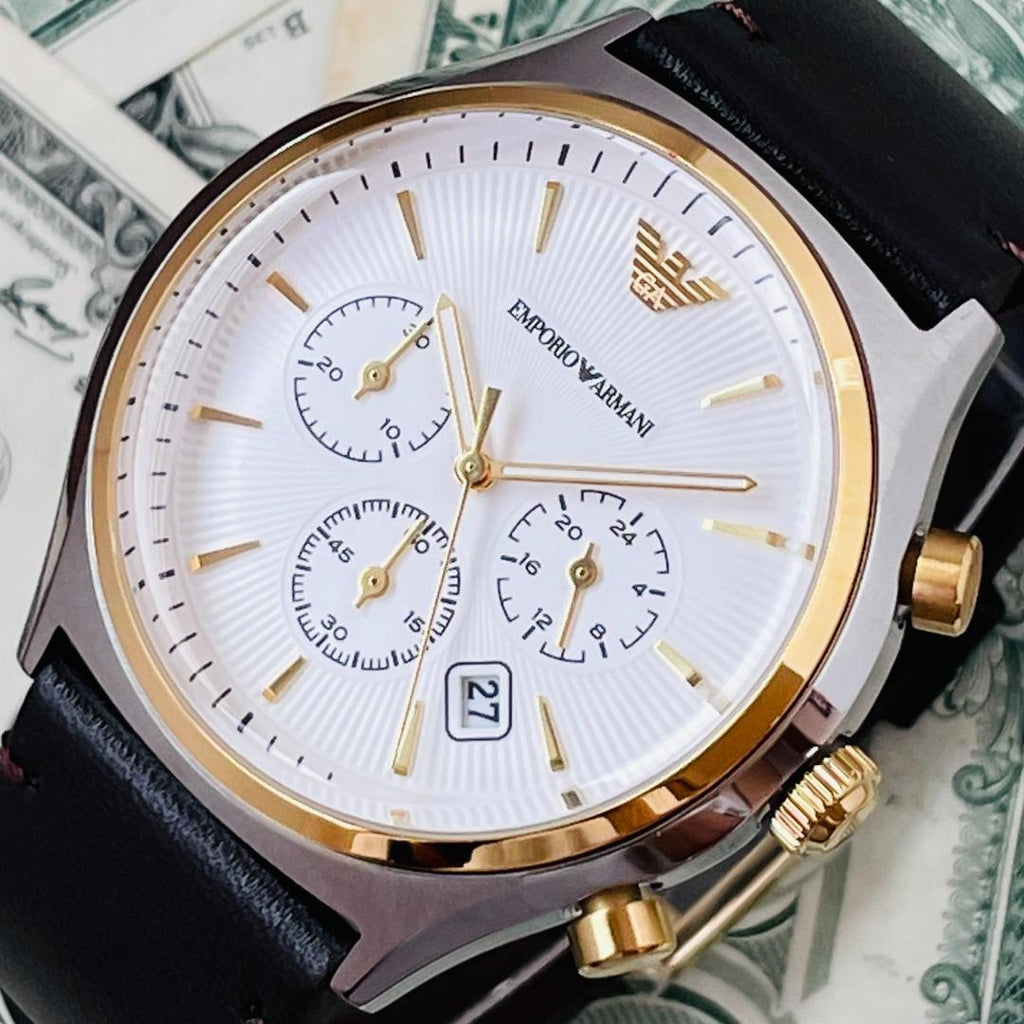 Emporio Armani Chronograph White Dial Brown Leather Strap Watch For Men - AR11033 Buy Now By Emporio Armani