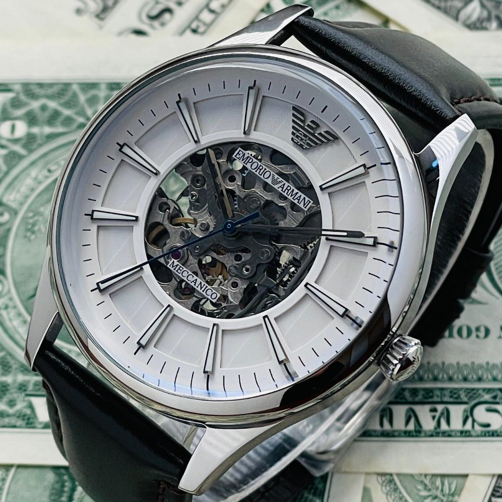 Emporio Armani Meccanico White Dial Brown Leather Strap Watch For Men - AR1946 Buy Now By Emporio Armani