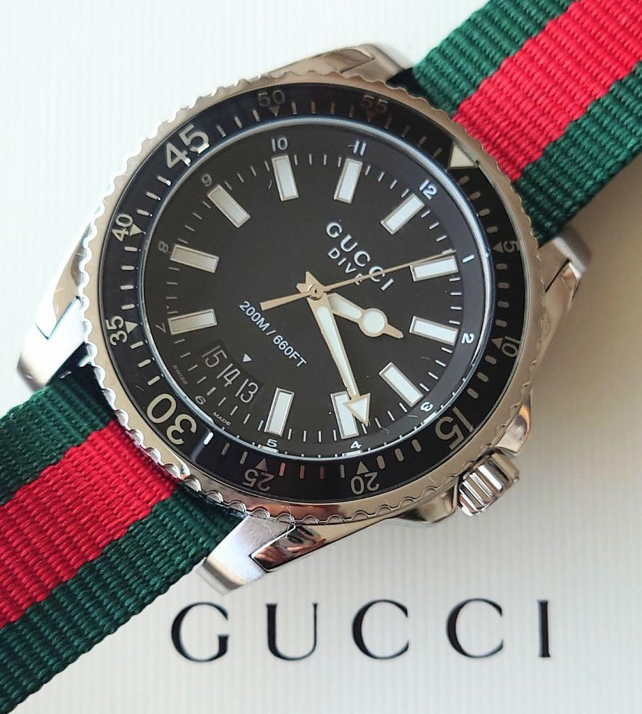 Gucci Dive Black Dial Two Tone NATO Strap Watch For Men - YA136206 Buy Now By Gucci