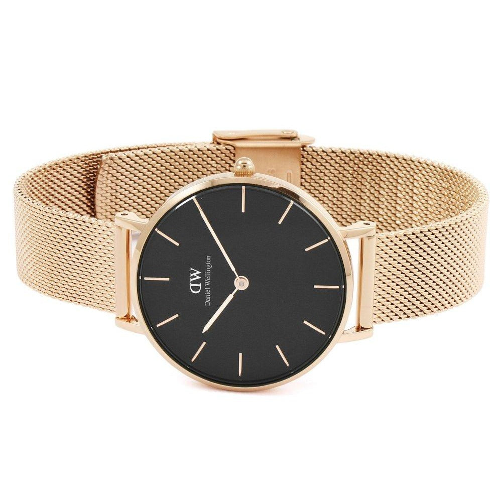 Daniel Wellington Classic Melrose Black Dial Rose Gold Mesh Bracelet Watch For Women - DW00100161 Buy Now By Daniel Wellington