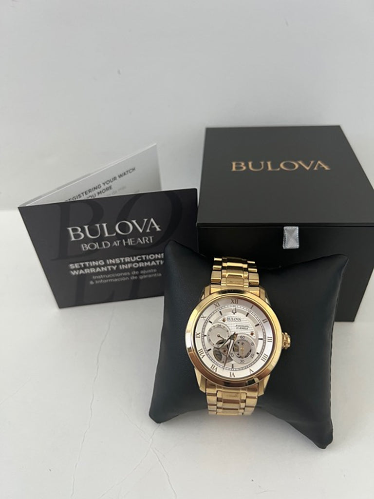 Bulova BVA Skeleton Silver Dial Gold Steel Strap Watch for Men - 97A108 Buy Now By Bulova