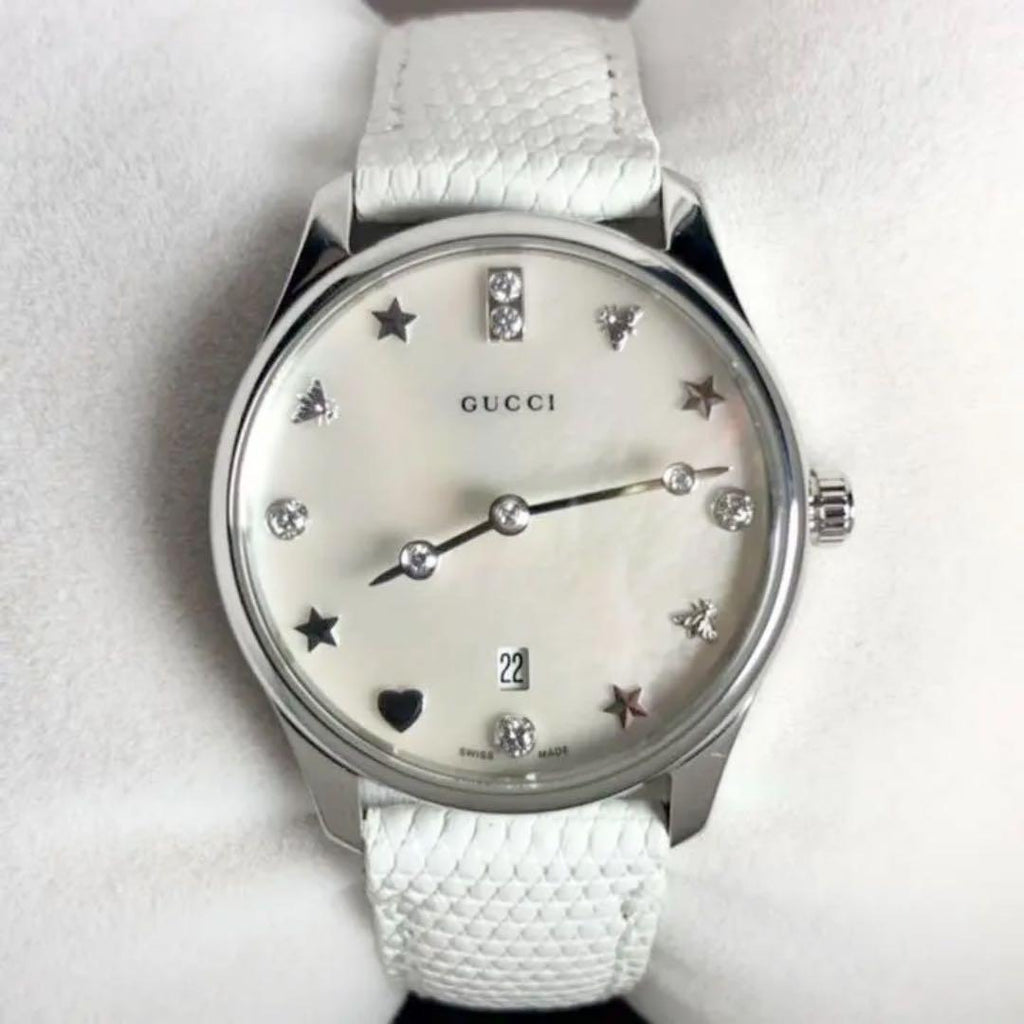 Gucci G-Timeless Mother of Pearl White Dial White Leather Strap Watch For Women - YA126597 Buy Now By Gucci