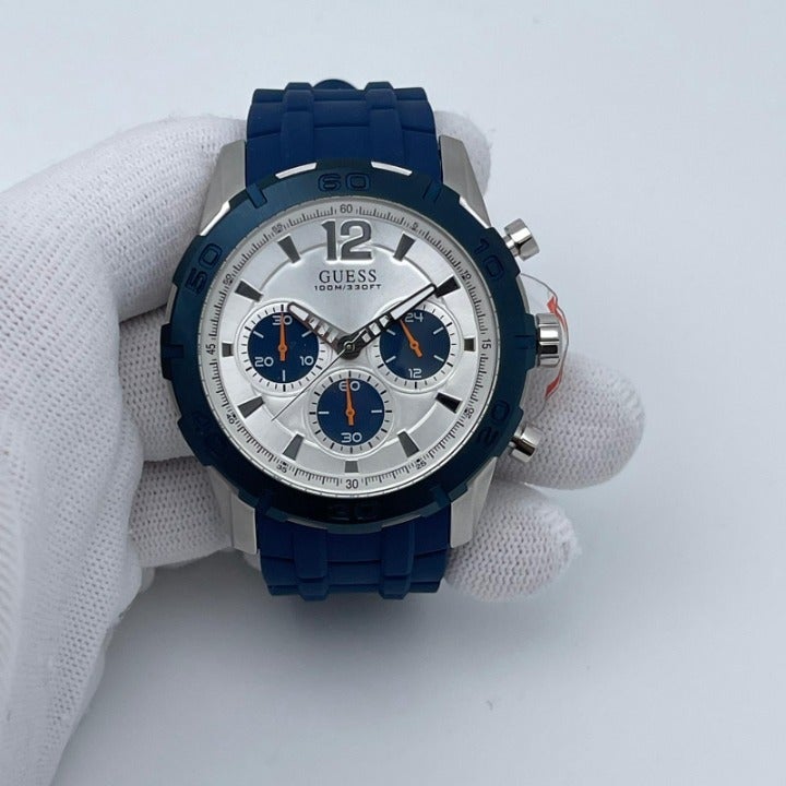 Guess Caliber Chronograph White Dial Blue Rubber Strap Watch for Men - W0864G6 Buy Now By Guess