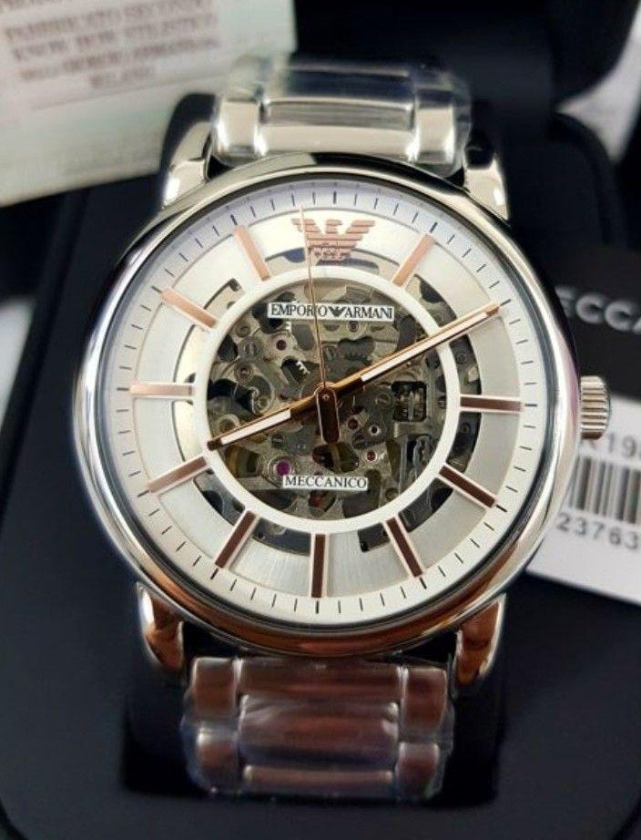 Emporio Armani Meccanico Skeleton Silver Dial Silver Steel Strap Watch For Men - AR1980 Buy Now By Emporio Armani