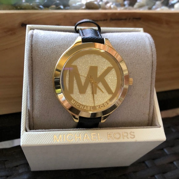 Michael Kors Slim Runway Quartz Gold Dial Black Leather Strap Watch For Women - MK2392 Buy Now By Michael Kors