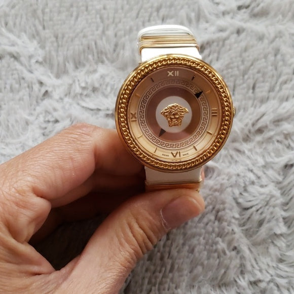 Versace V Metal Icon Gold Dial White & Gold Strap Watch for Women - VLC040014 Buy Now By Versace
