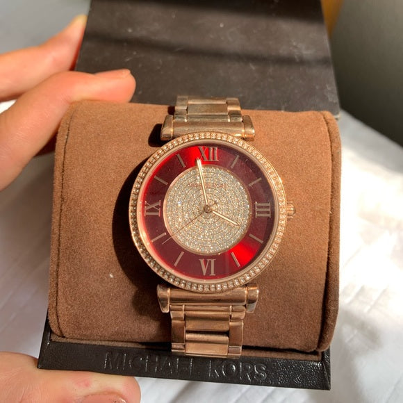 Michael Kors Caitlin Red Dial Rose Gold Stainless Steel Strap Watch for Women - MK3377 Buy Now By Michael Kors