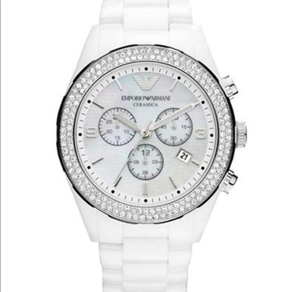 Emporio Armani Ceramica Chronograph White Dial White Ceramic Strap Watch For Women - AR1456 Buy Now By Emporio Armani
