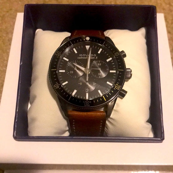 Movado Heritage Series 29mm Calendoplan Chronograph Black Dial Brown Leather Strap Watch For Men - 3650060 Buy Now By Movado