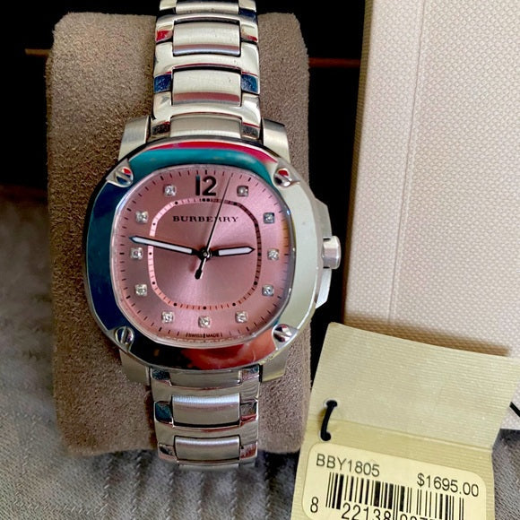 Burberry The Britain Diamonds Pink Dial Silver Steel Strap Watch for Women - BBY1805 Buy Now By Burberry