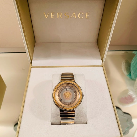 Versace V Metal Icon Gold Dial Brown Strap Watch for Women - VLC130016 Buy Now By Versace