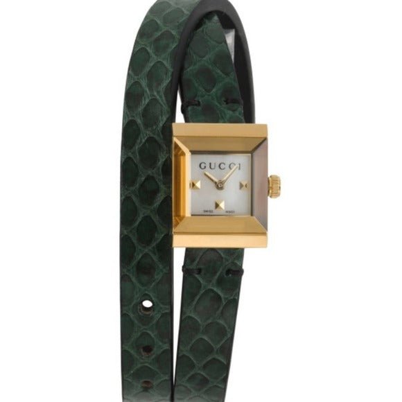 Gucci G Frame Double Mother of Pearl Dial Green Leather Strap Watch For Women - YA128525 Buy Now By Gucci