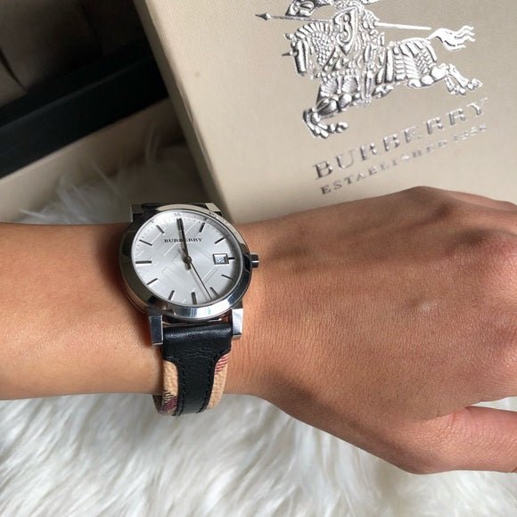 Burberry The City White Dial Black Haymarket Leather Strap Watch for Women - BU9150 Buy Now By Burberry