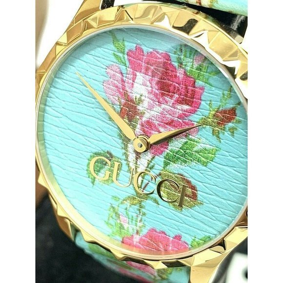 Gucci G Timeless Floral Turquoise Dial Turquoise Leather Strap Watch For Women - YA1264085 Buy Now By Gucci