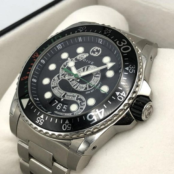 Gucci Dive Snake Black Dial Silver Steel Strap Watch For Men - YA136218 Buy Now By Gucci