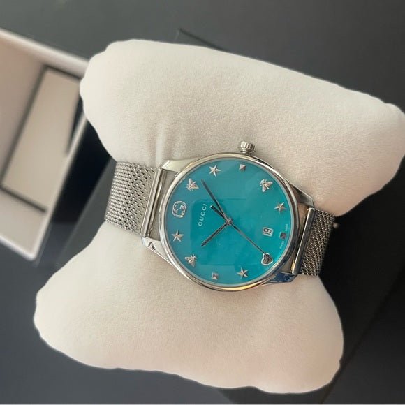 Gucci G-Timeless Turquiose Mother of Pearl Dial Silver Mesh Bracelet Watch For Women - YA1264039