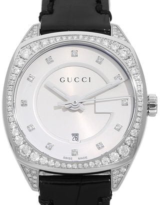 Gucci GG2570 Diamonds Silver Dial Black Leather Strap Watch For Women - YA142507 Buy Now By Gucci