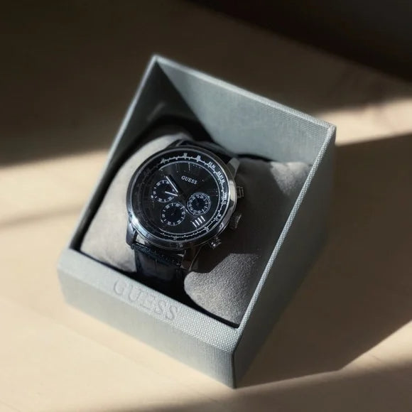 Guess Horizon Chronograph Quartz Black Dial Blue Leather Strap Watch For Men - W0380G3 Buy Now By Guess