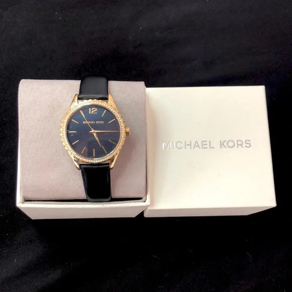 Michael Kors Layton Three Hand Mother of Pearl Black Dial Black Leather Strap Watch For Women - MK2911 Buy Now By Michael Kors