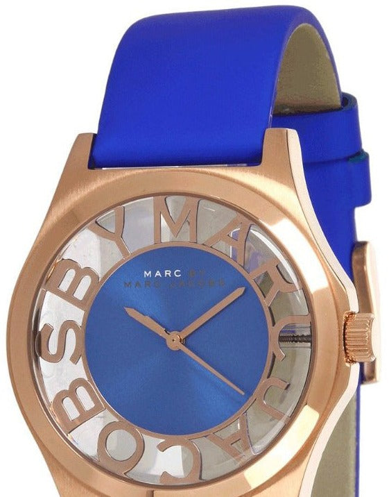 Marc Jacobs Henry Skeleton Blue Dial Blue Leather Strap Watch for Women - MBM1244 Buy Now By Marc Jacobs
