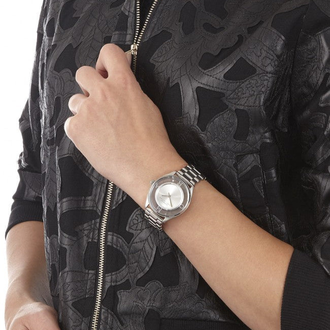Marc Jacobs Tether Transparent Silver Dial Silver Steel Strap Watch for Women - MBM3412 Buy Now By Marc Jacobs