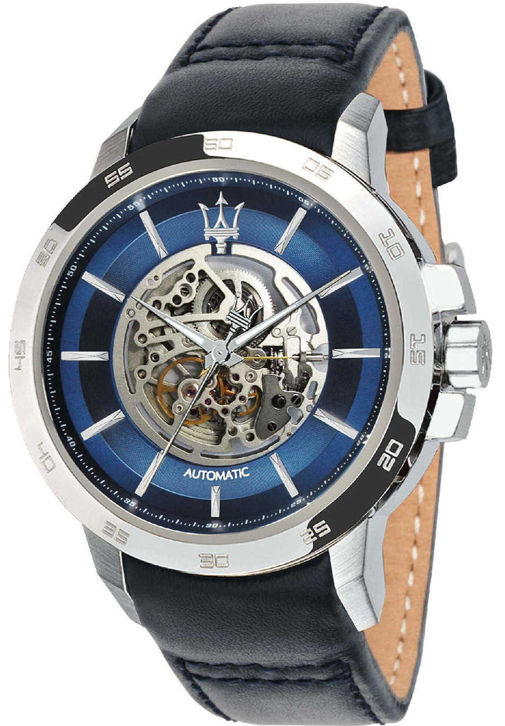 Maserati Ingegno Automatic Blue Skeleton Dial Black Leather Strap Watch For Men - R8821119004 Buy Now By Maserati