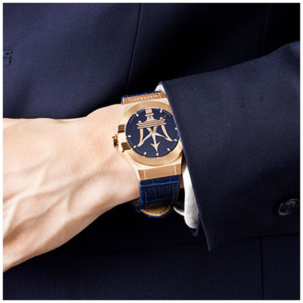 Maserati Potenza 42mm Rose Gold & Blue Dial Blue Leather Strap Watch For Men - R8851108027 Buy Now By Maserati