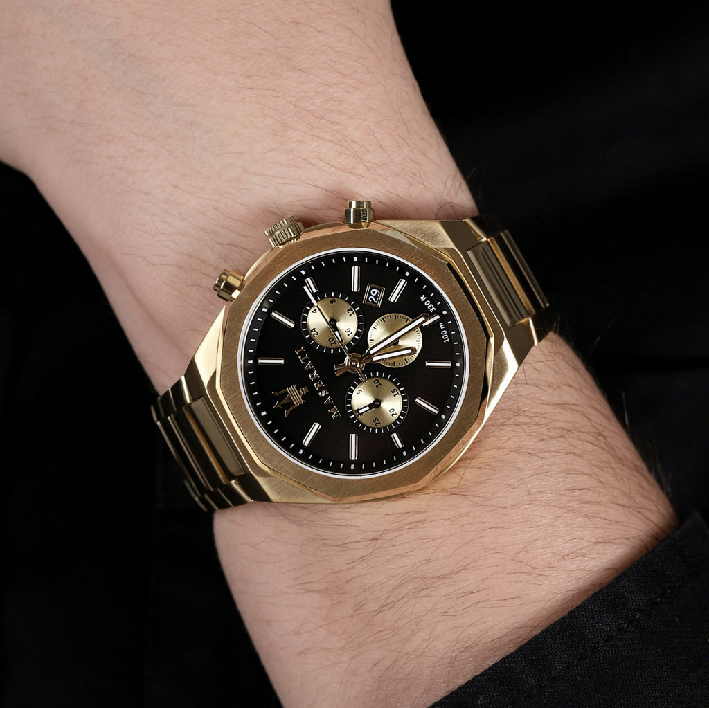 Maserati Stile 45mm Chronograph Black Dial Gold Steel Strap Watch For Men - R8873642001 Buy Now By Maserati