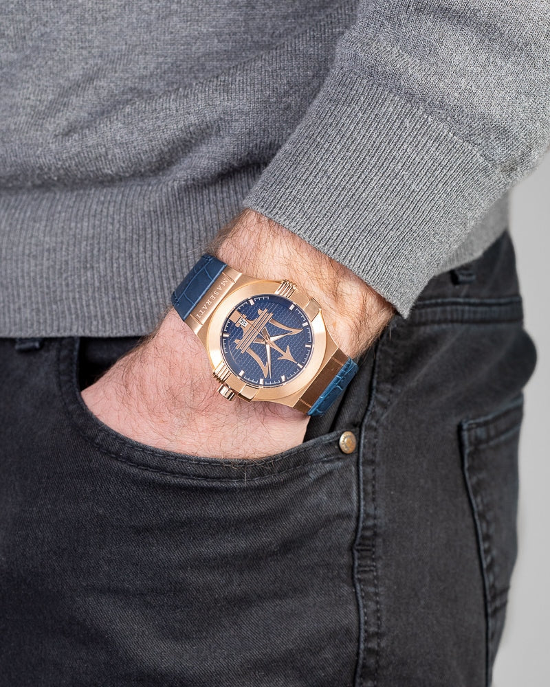 Maserati Potenza 42mm Rose Gold & Blue Dial Blue Leather Strap Watch For Men - R8851108027 Buy Now By Maserati